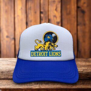 Detroit Lions Mens Trucker Hat Blue Snapback Retro Design 1970s Football Cap
